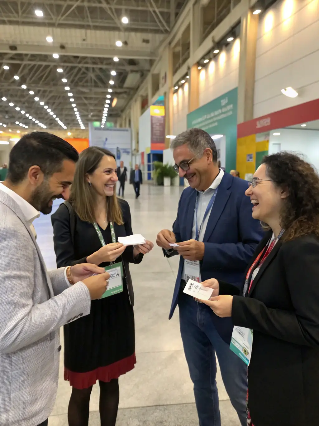 A diverse group of professionals actively networking during a coffee break at the InnovateBusiSum conference, exchanging business cards and engaging in lively conversations.