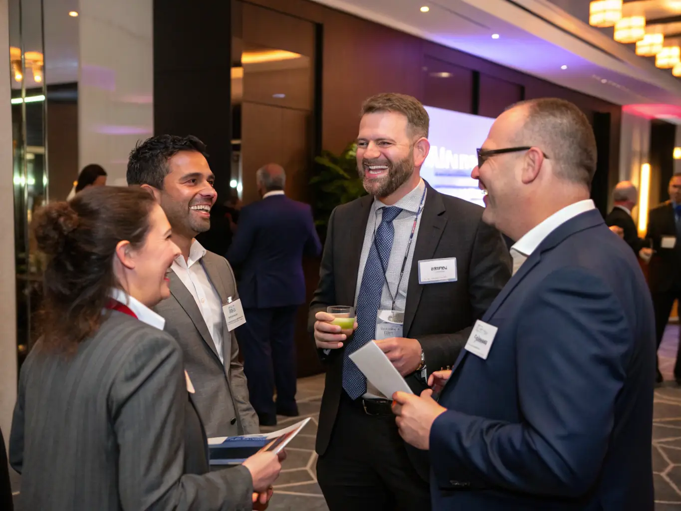 A candid photograph capturing a lively networking event at InnovateBusiSum, with attendees connecting and exchanging ideas in a relaxed and professional setting.